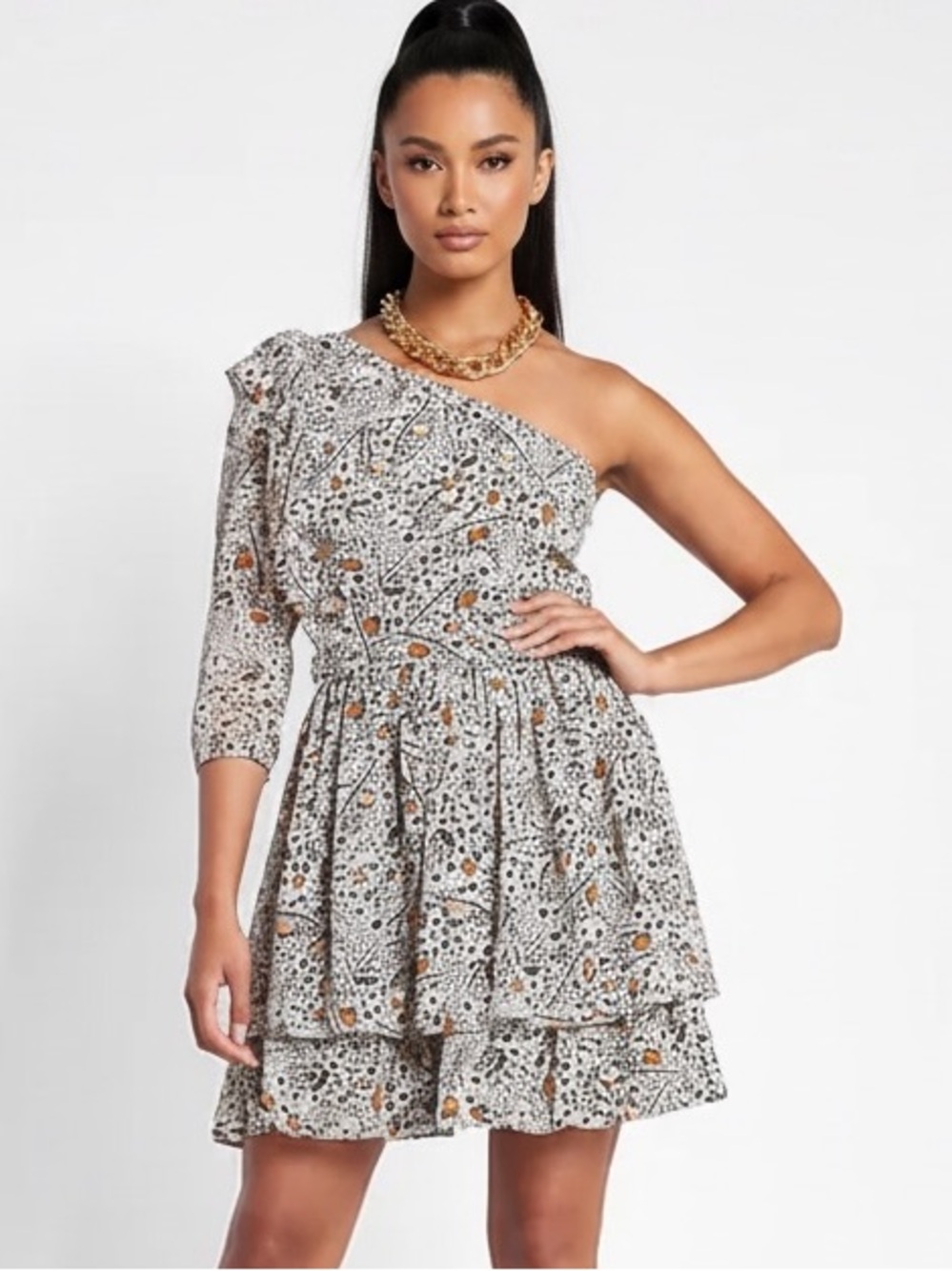 Express x Rachel Zoe Printed One Shoulder Ruffle Dress Small